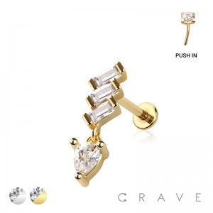 BAGUETTE CASCADE TEARDROP DANGLE TOP THREADLESS (PUSH IN) 316L SURGICAL STEEL LABRET SET